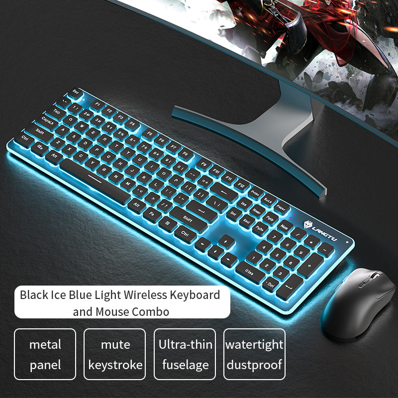 LANGTU LT600 Quiet Work Wireless Keyboard Mouse Combo Black Ice Blue