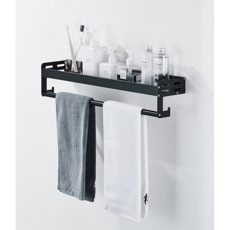 Bathroom Shelf with Towel Rail and Hook - Matt Black