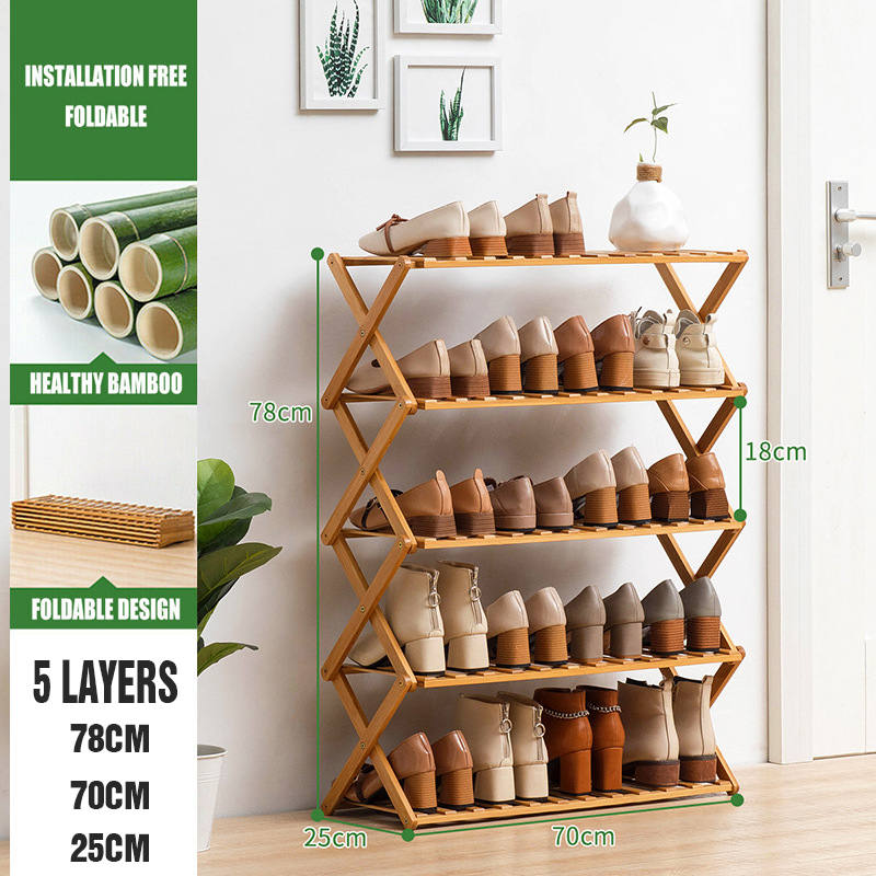 5 Tier Bamboo Foldable Shoe Rack Organiser 78x70cm