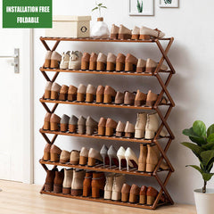 6 Tier Bamboo Foldable Shoe Rack Organiser 100x100cm