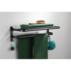 2 Tier Aluminium Towel Rack with Hooks 40cm - Matt Black