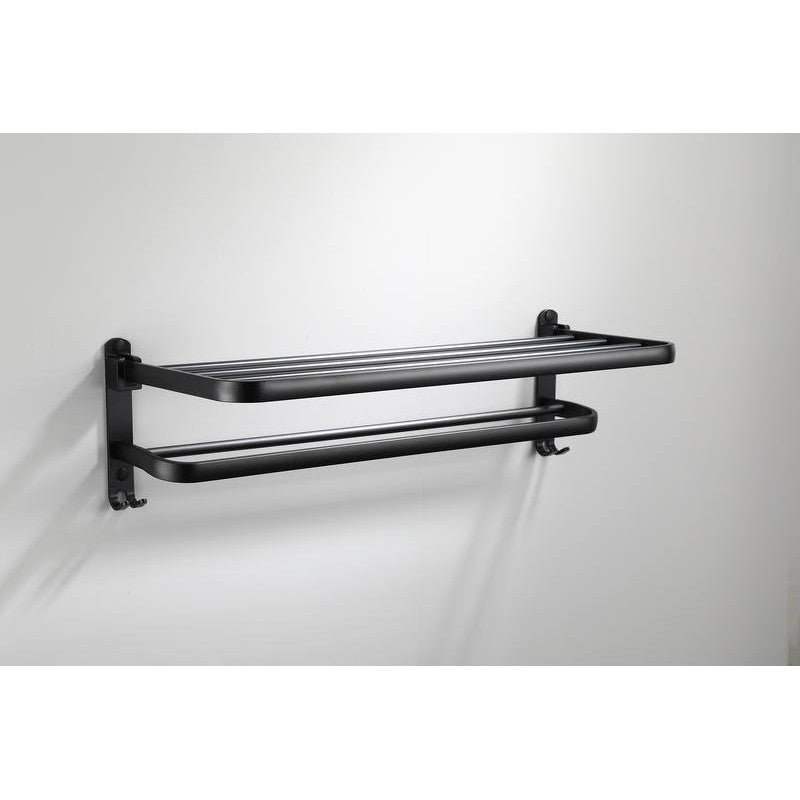 2 Tier Aluminium Towel Rack with Hooks 40cm - Matt Black