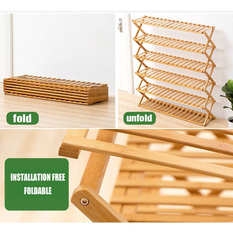 6 Tier Bamboo Foldable Shoe Rack Organiser 100x100cm