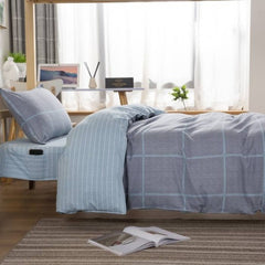 3pcs Cotton Duvet Cover Set Linen Style Plaid Blue