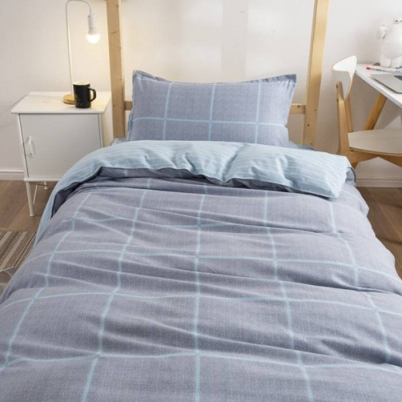 3pcs Cotton Duvet Cover Set Linen Style Plaid Blue