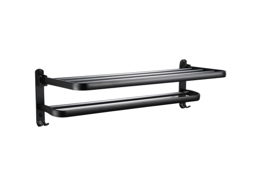 2 Tier Aluminium Towel Rack with Hooks 40cm - Matt Black