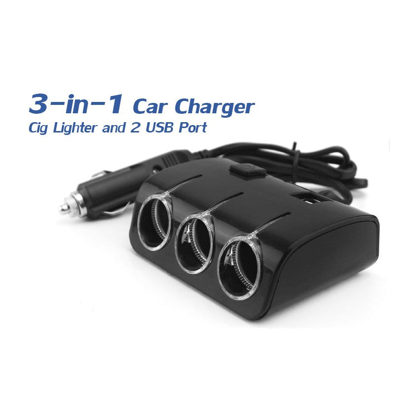 3-in-1 Car Charger Socket with 2 USB Ports