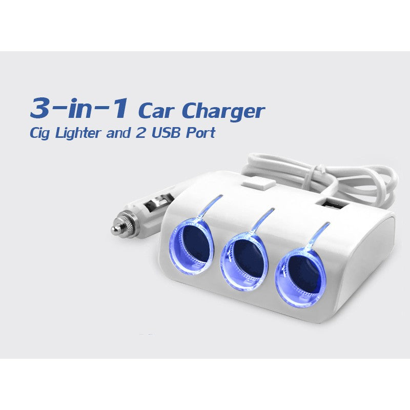 3-in-1 Car Charger Socket with 2 USB Ports