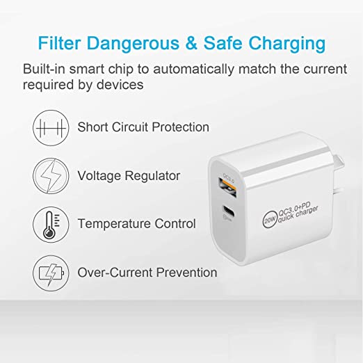 20W USB-C + USB Power Adapter Fast Charger 2 IN 1 Power Brick Fast Charger For iPhone Samsung Huawei