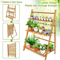 Bamboo Ladder Plant Stand 3-Tier Foldable Organiser