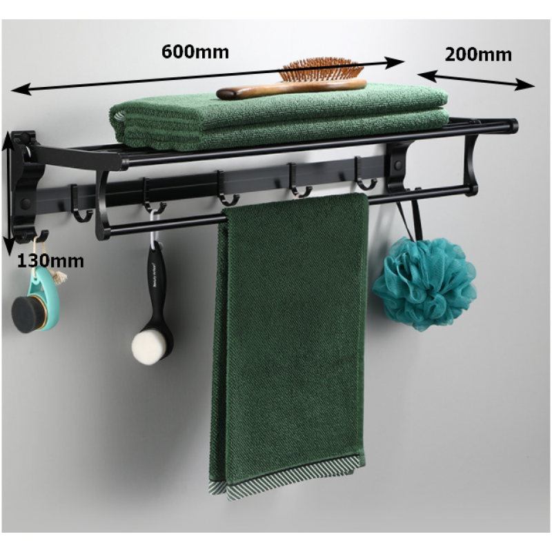 Aluminium Towel Rail Rack with Hooks 60cm no drilling