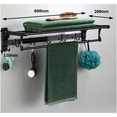 Aluminium Towel Rail Rack with Hooks 60cm no drilling