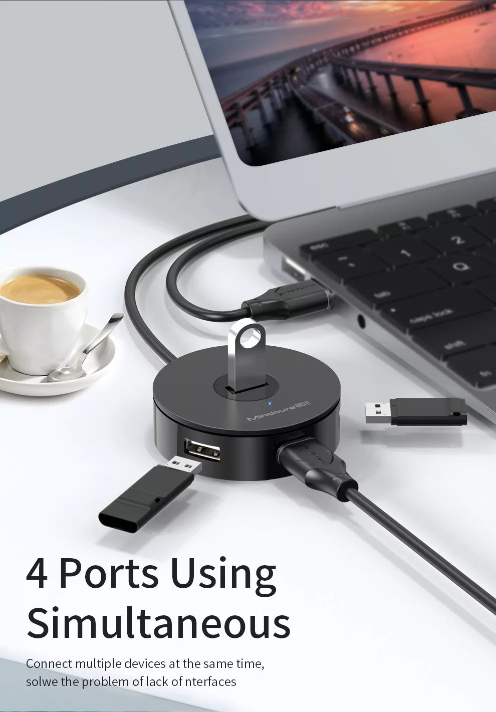 Mindpure US018 4-Port USB 2.0 Hub - 1m, White