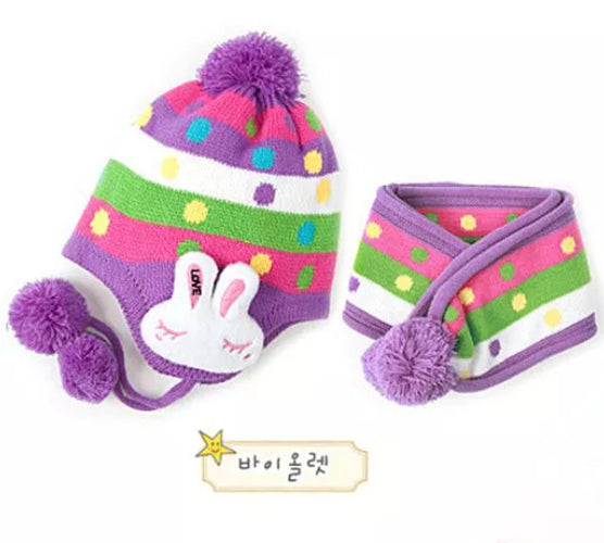 Kids Hat, Baby Children Rabbit Knit Beanies with Scarf - 4 Colours Available