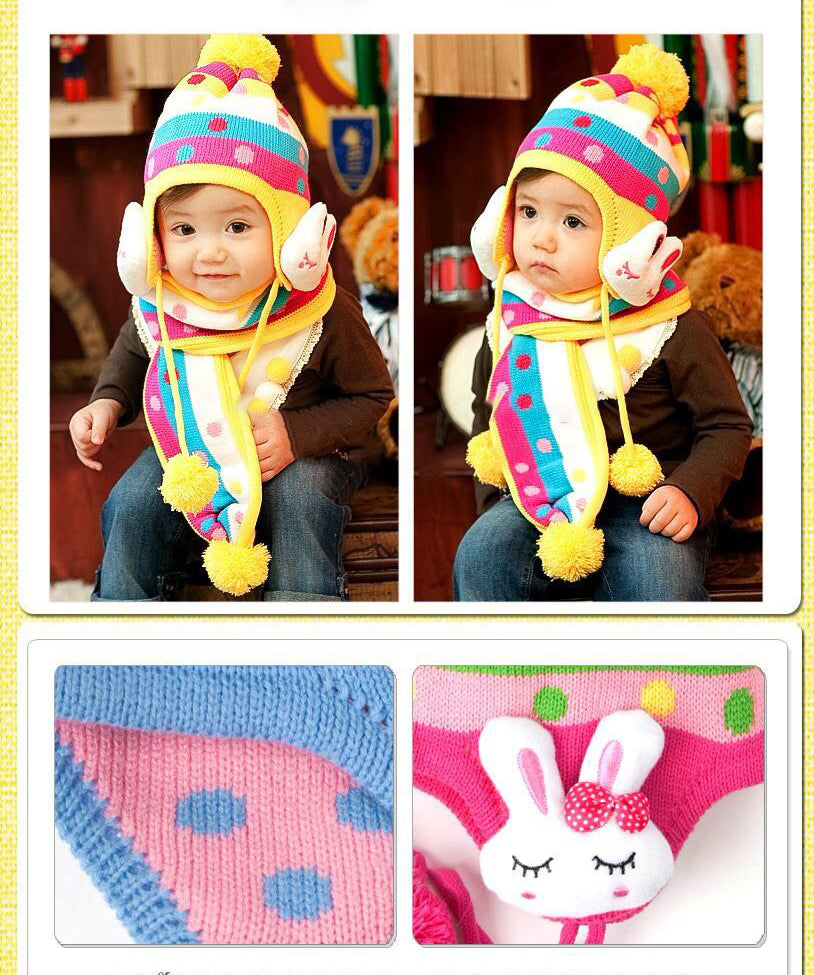 Kids Hat, Baby Children Rabbit Knit Beanies with Scarf - 4 Colours Available