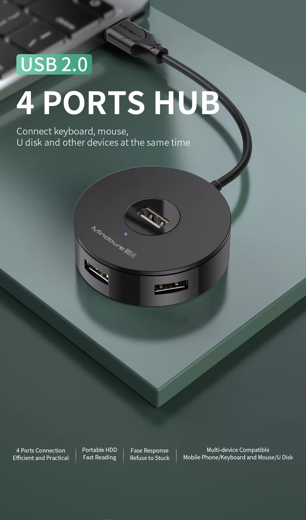 Mindpure US018 4-Port USB 2.0 Hub - 1m, White