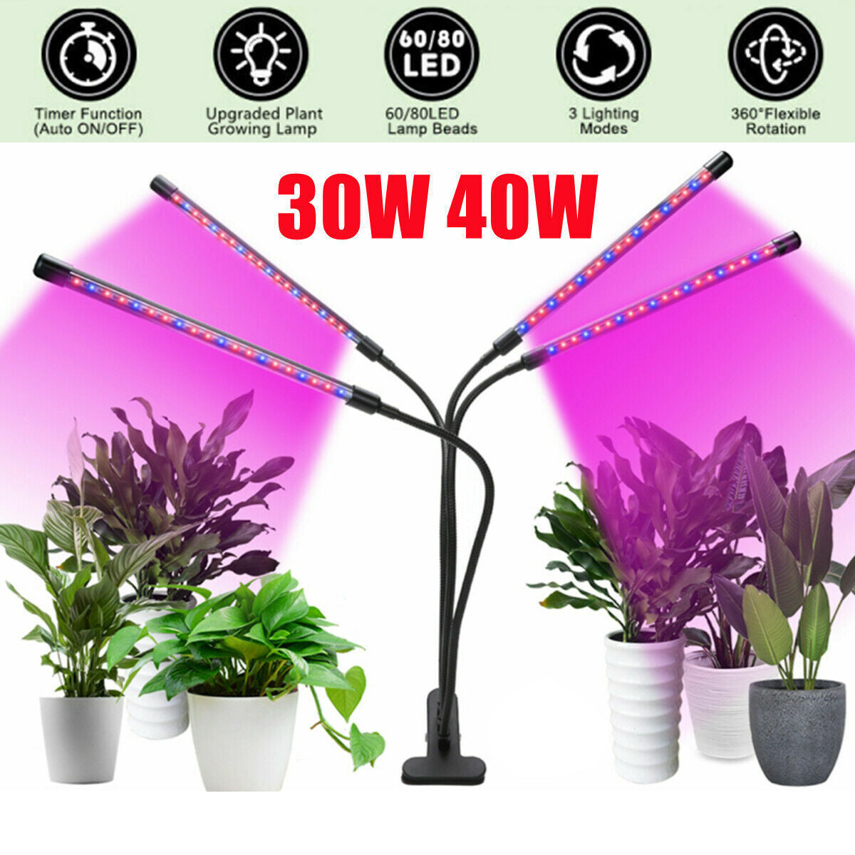 4 Head LED Plant Grow Light with Clip Base