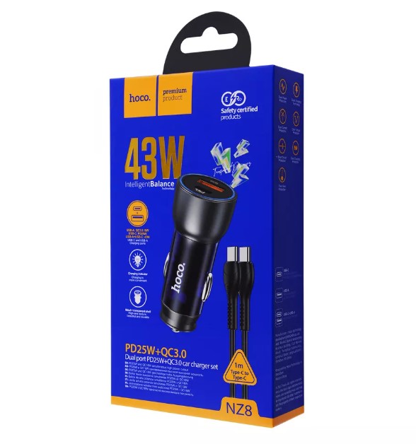 NZ8 43W Dual Port PD25W+QC3.0 Car Charger Blue