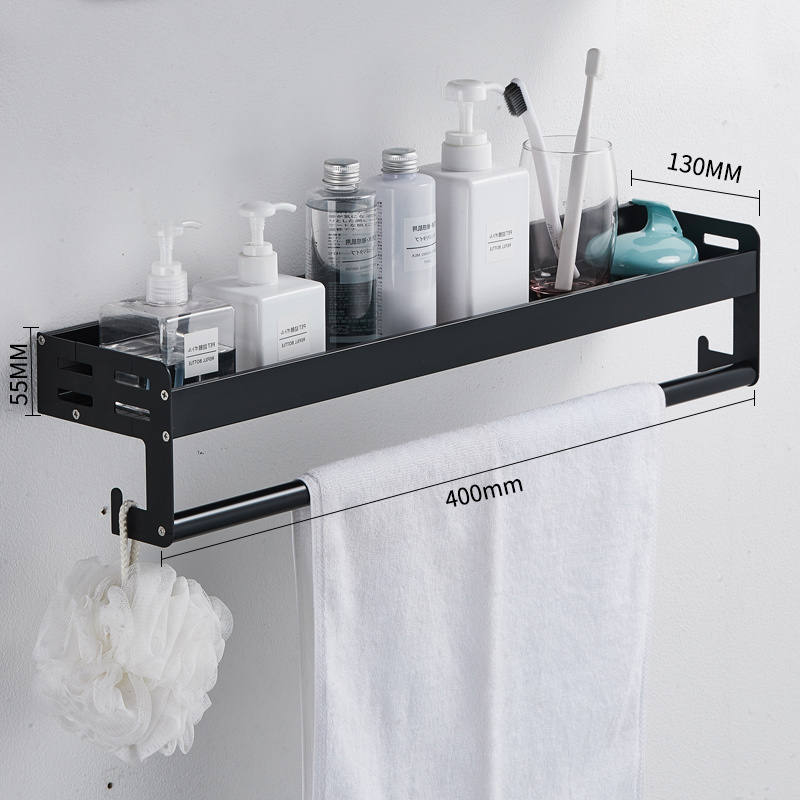 Bathroom Shelf with Towel Rail and Hook - Matt Black