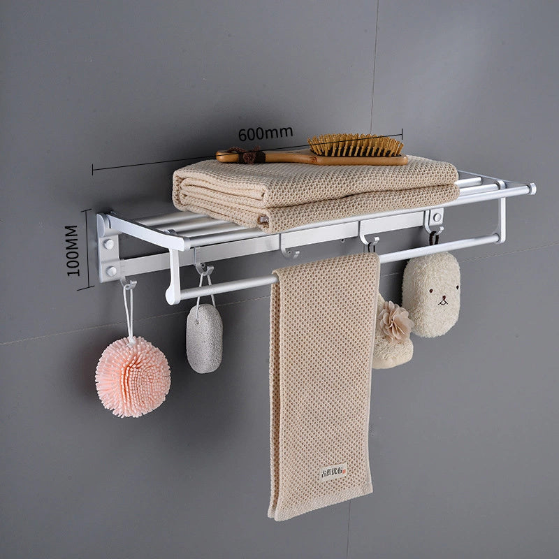 Aluminium Towel Rail Rack with Hooks 60cm no drilling