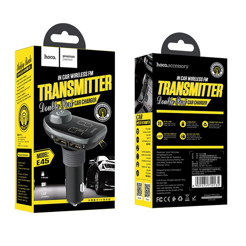 Hoco E45 Bluetooth FM Transmitter - Black