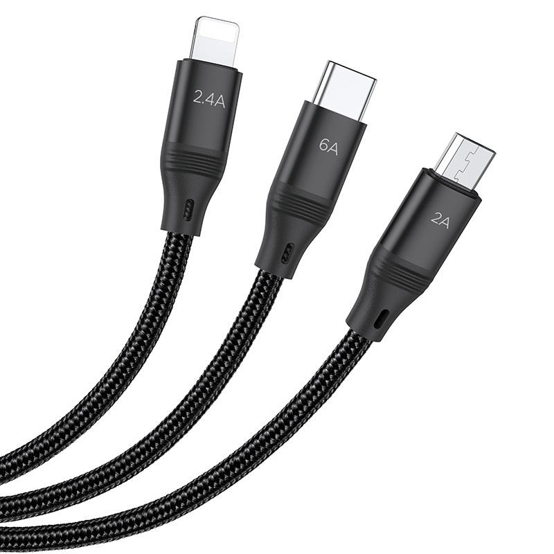 U104 6A 3-in-1 Charging Cable - Lightning, Micro USB & USB-C, Black