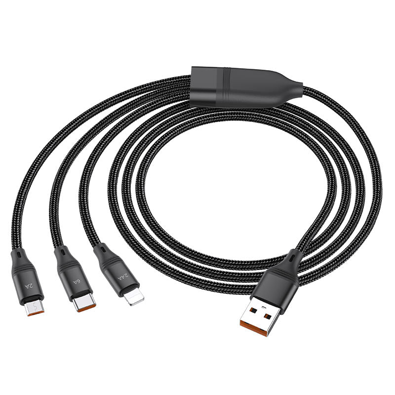U104 6A 3-in-1 Charging Cable - Lightning, Micro USB & USB-C, Black