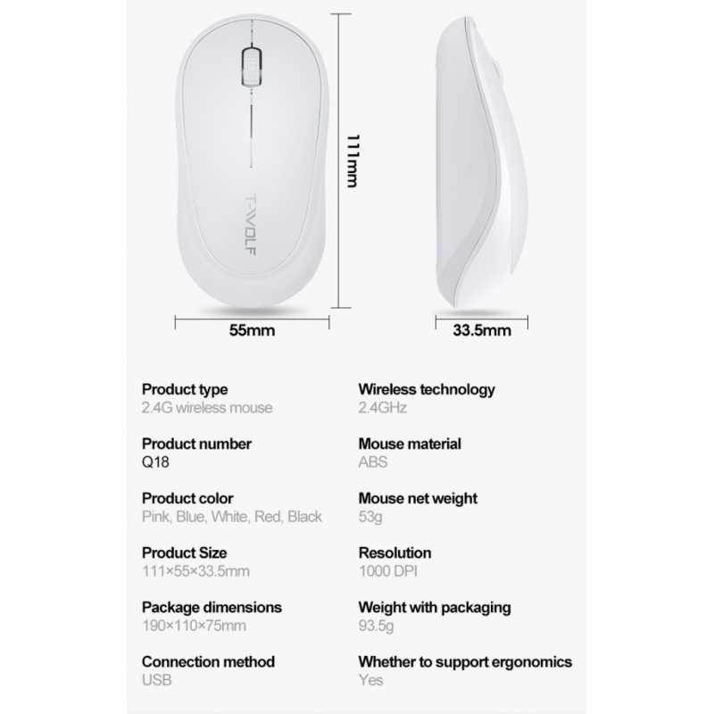 T-Wolf Q18 Q18 2.4G Wireless Optical Office Mouse 3 Button 1000 DPI