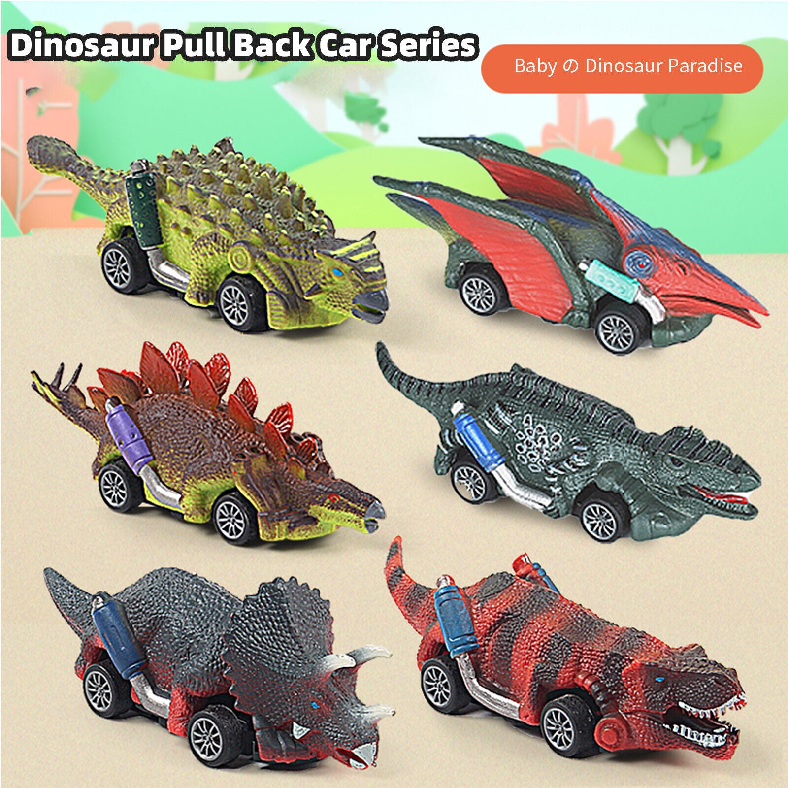 6 Pack Pull Back Dinosaur Toys Race Car Set