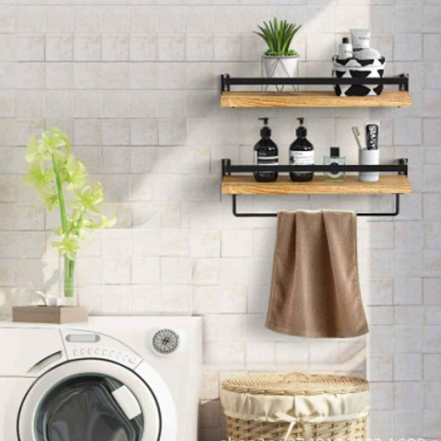 2-Piece Natural Wood Industrial Floating Shelves