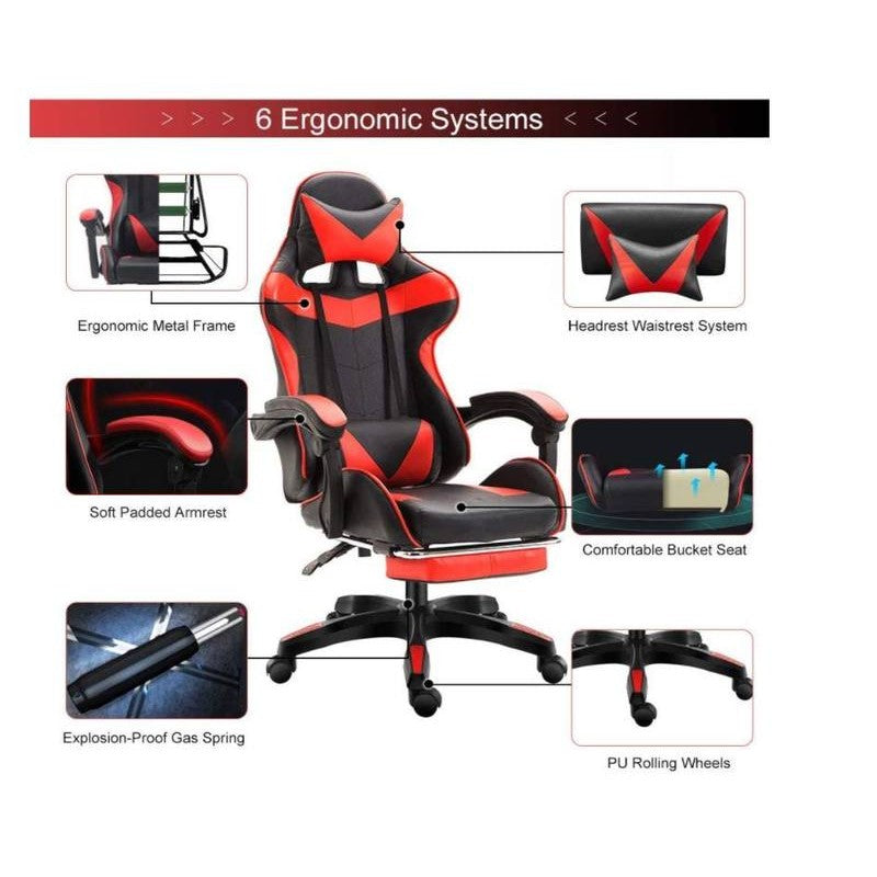 Gaming Office Chair with Headrest Footrest Back Support Red