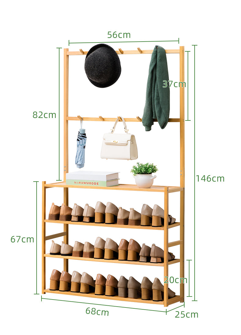 Bamboo Shoe Rack with Clothes Rack