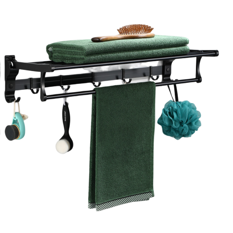 Aluminium Towel Rail Rack with Hooks 60cm no drilling