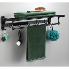 Aluminium Towel Rail Rack with Hooks 60cm no drilling